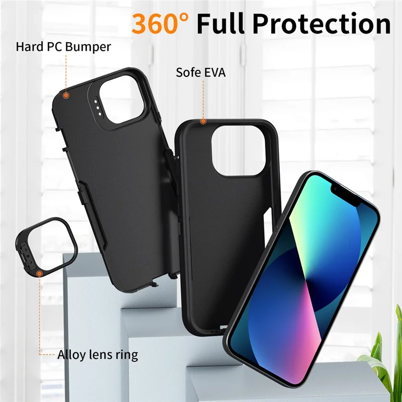 For iPhone 15 Case TPU + PC Hybrid Phone Cover with Alloy Lens Frame Kickstand - Black  /  Black