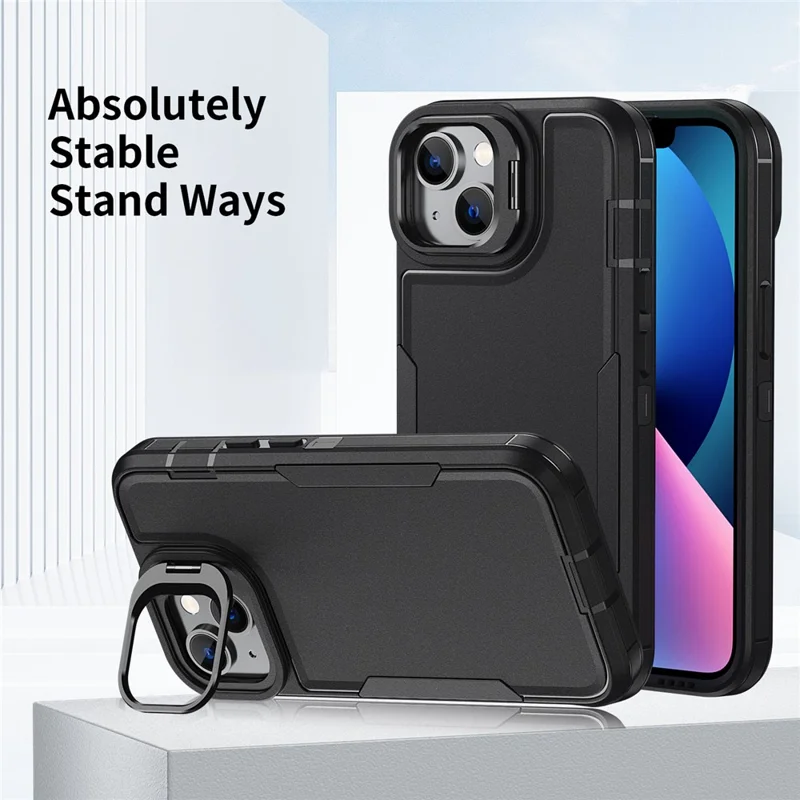 For iPhone 15 Case TPU + PC Hybrid Phone Cover with Alloy Lens Frame Kickstand - Black  /  Black