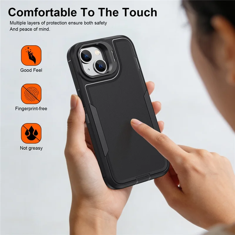 For iPhone 15 Case TPU + PC Hybrid Phone Cover with Alloy Lens Frame Kickstand - Black  /  Black
