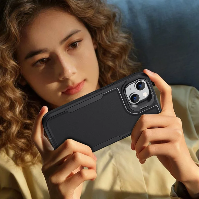 For iPhone 15 Case TPU + PC Hybrid Phone Cover with Alloy Lens Frame Kickstand - Black  /  Black