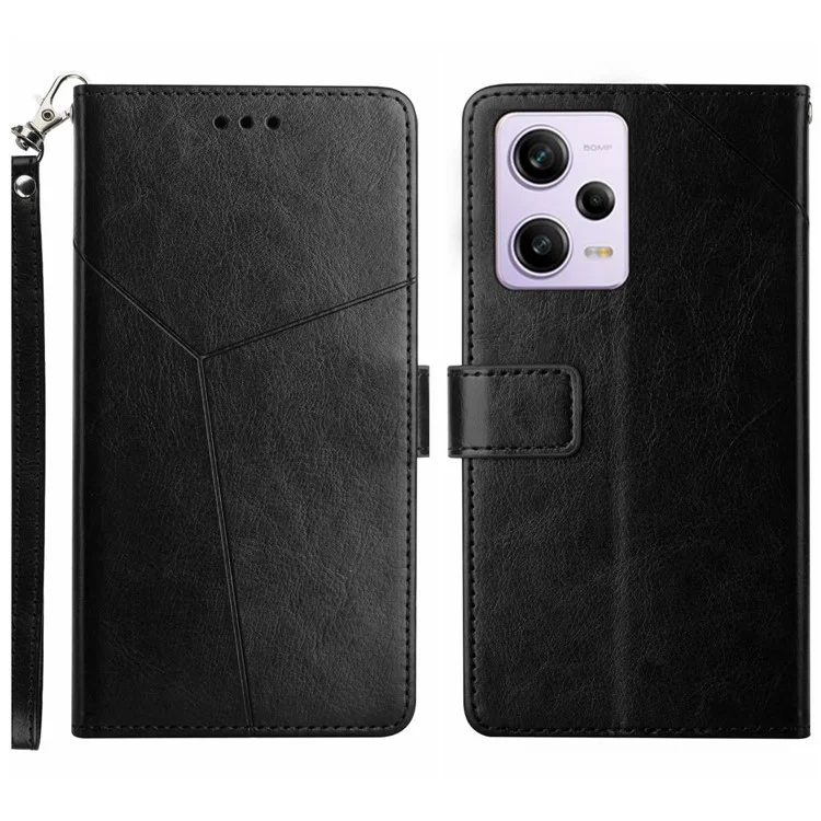 For Xiaomi Redmi Note 12 Pro 5G / Note 12 Pro Speed 5G / Poco X5 Pro 5G HT01 Imprinted Y-Shaped Lines Wallet Case Fully Wrapped PU Leather Stand Flip Folio Protective Phone Cover with Strap - Black