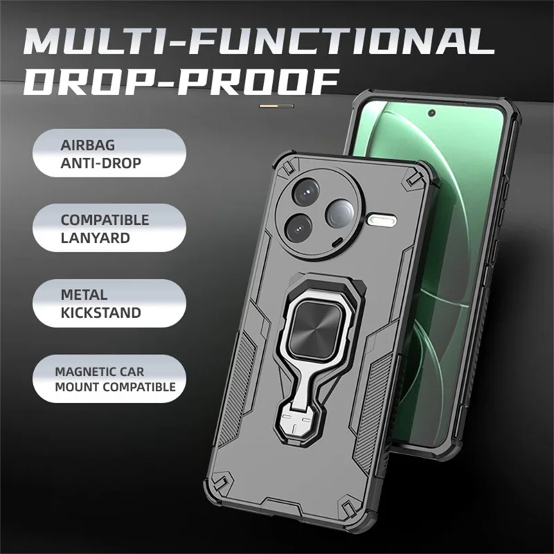 Bulk Purchasing For Xiaomi Redmi K80 5G  /  Poco F7 Pro 5G Case Rotatable Ring Kickstand PC + TPU Shockproof Phone Cover - Black