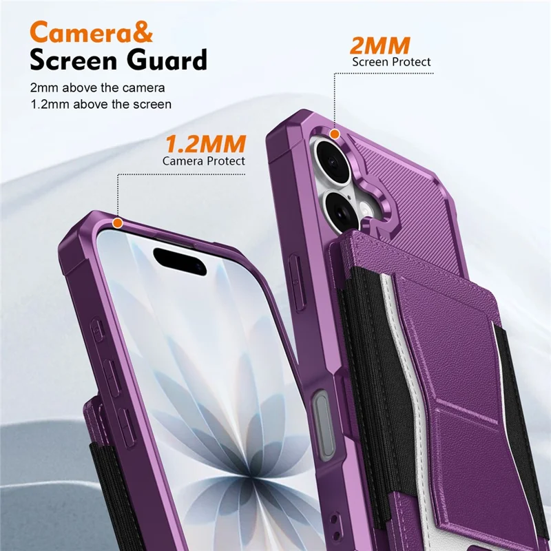 For iPhone 16 Case Elastic Band Card Holder Leather + TPU Kickstand Phone Cover - Purple