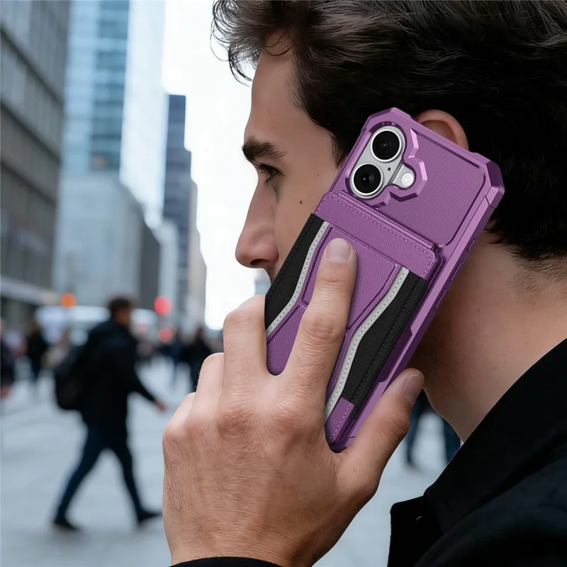 For iPhone 16 Case Elastic Band Card Holder Leather + TPU Kickstand Phone Cover - Purple