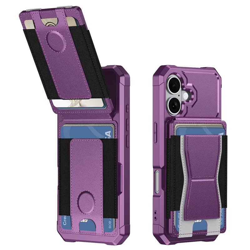 For iPhone 17 Case Elastic Band Card Holder Leather + TPU Kickstand Phone Cover - Purple