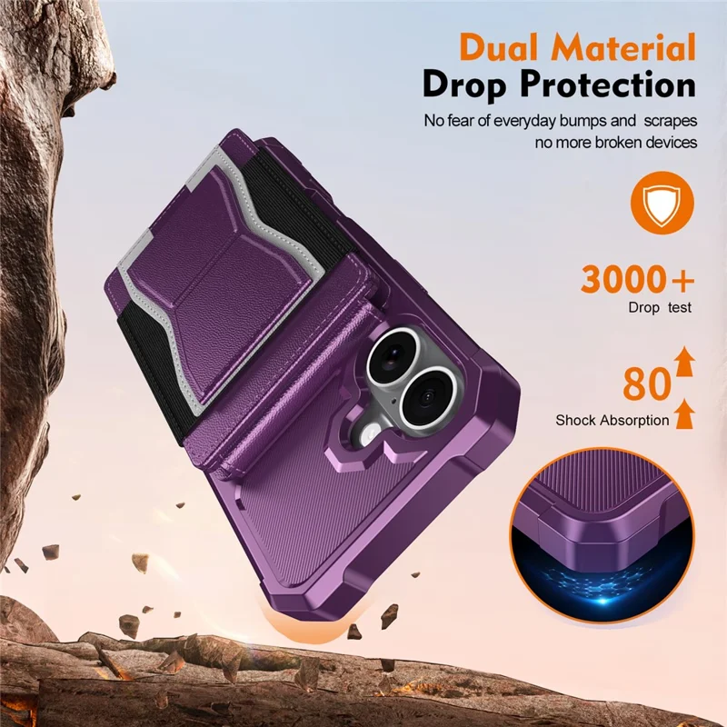 For iPhone 17 Case Elastic Band Card Holder Leather + TPU Kickstand Phone Cover - Purple