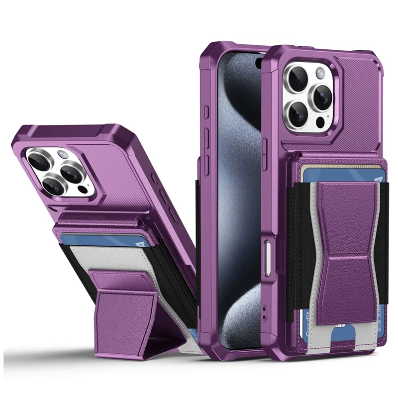 For iPhone 16 Pro Case Elastic Band Card Holder Leather + TPU Kickstand Phone Cover - Purple