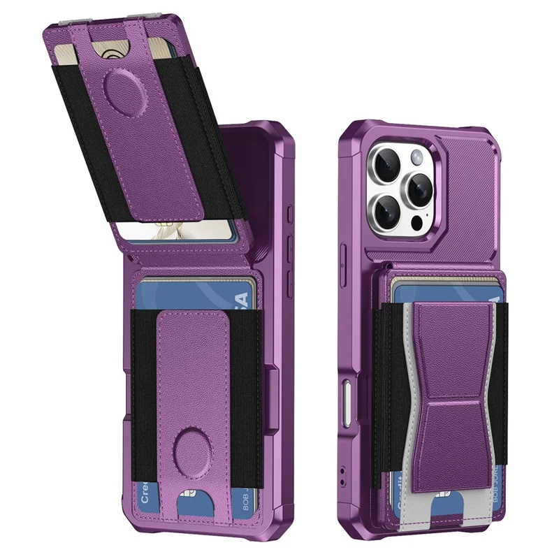 For iPhone 16 Pro Case Elastic Band Card Holder Leather + TPU Kickstand Phone Cover - Purple
