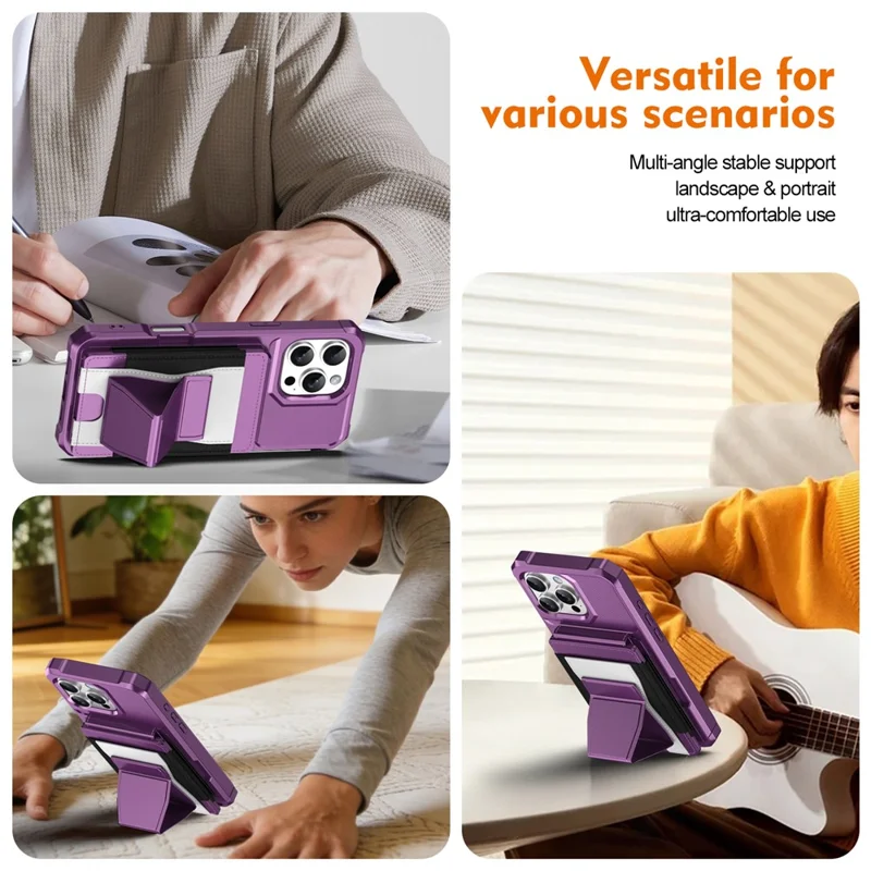 For iPhone 16 Pro Case Elastic Band Card Holder Leather + TPU Kickstand Phone Cover - Purple