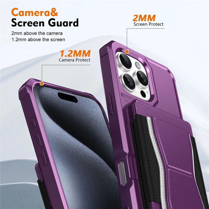 For iPhone 16 Pro Case Elastic Band Card Holder Leather + TPU Kickstand Phone Cover - Purple