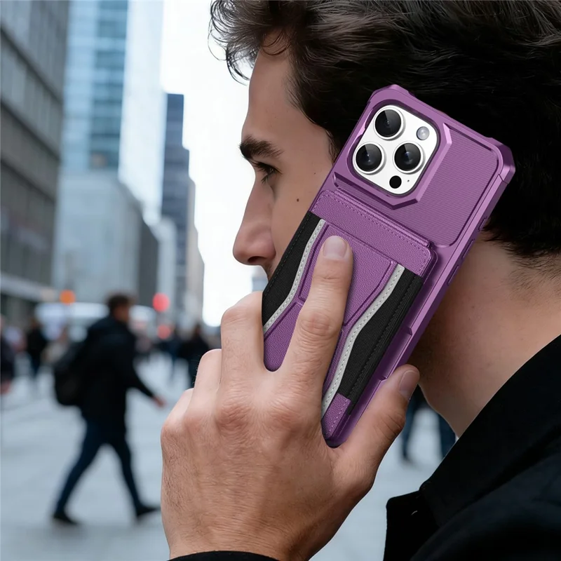 For iPhone 16 Pro Case Elastic Band Card Holder Leather + TPU Kickstand Phone Cover - Purple