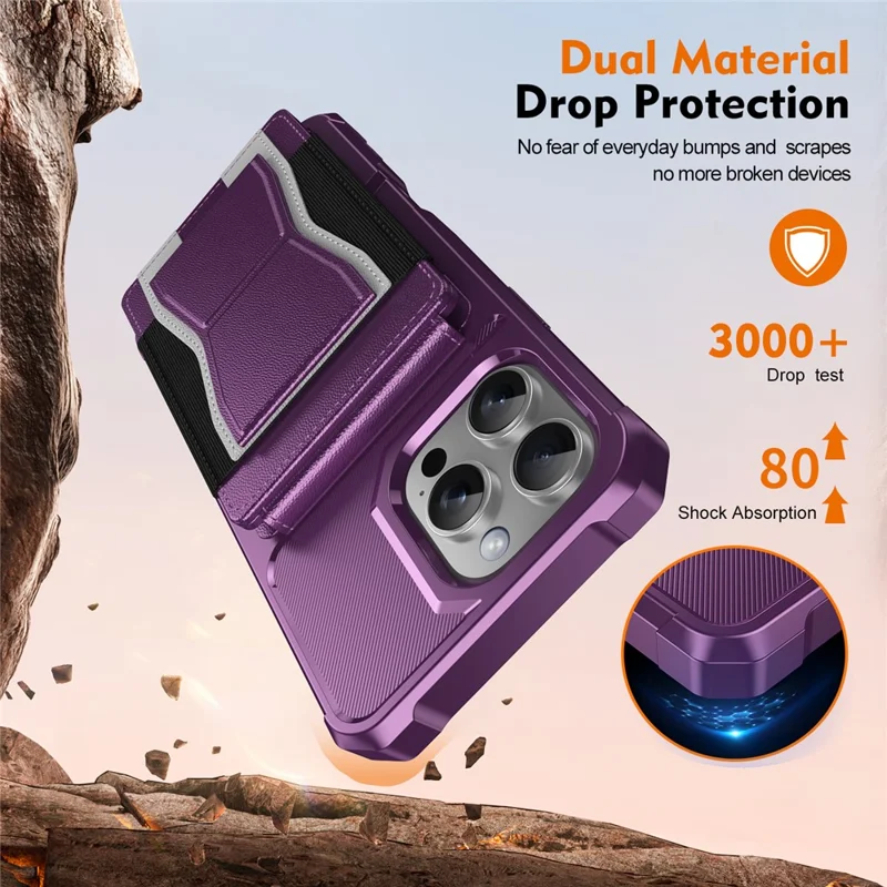 For iPhone 16 Pro Max Case Elastic Band Card Holder Leather + TPU Kickstand Phone Cover - Purple