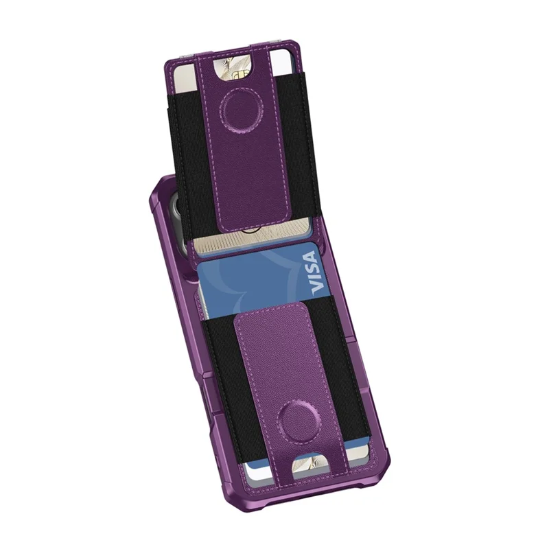 For iPhone 16 Pro Max Case Elastic Band Card Holder Leather + TPU Kickstand Phone Cover - Purple