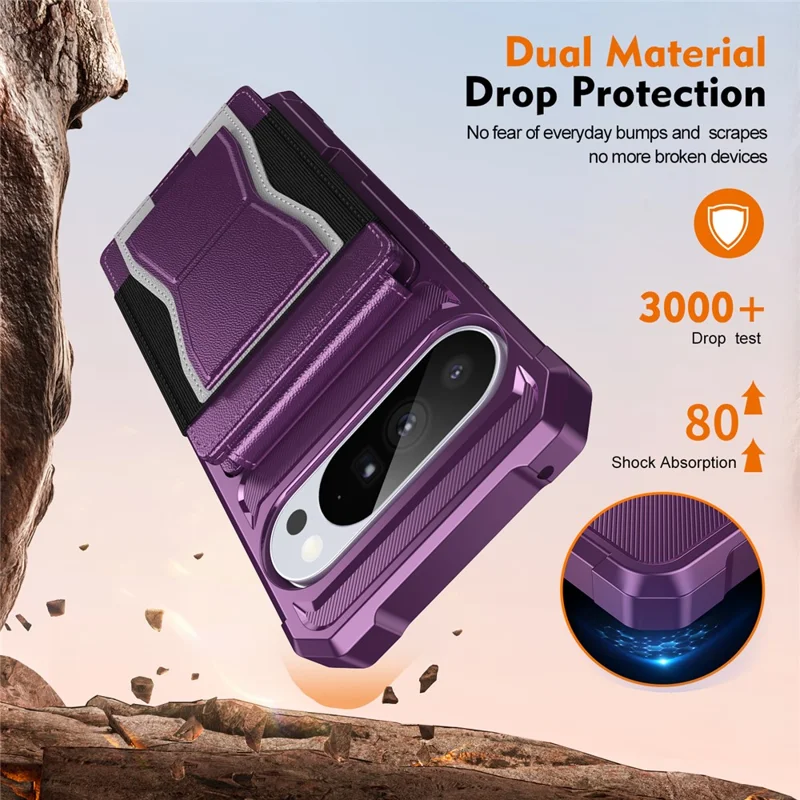 For Google Pixel 9 Pro XL Case Elastic Band Card Holder Leather + TPU Kickstand Phone Cover - Purple