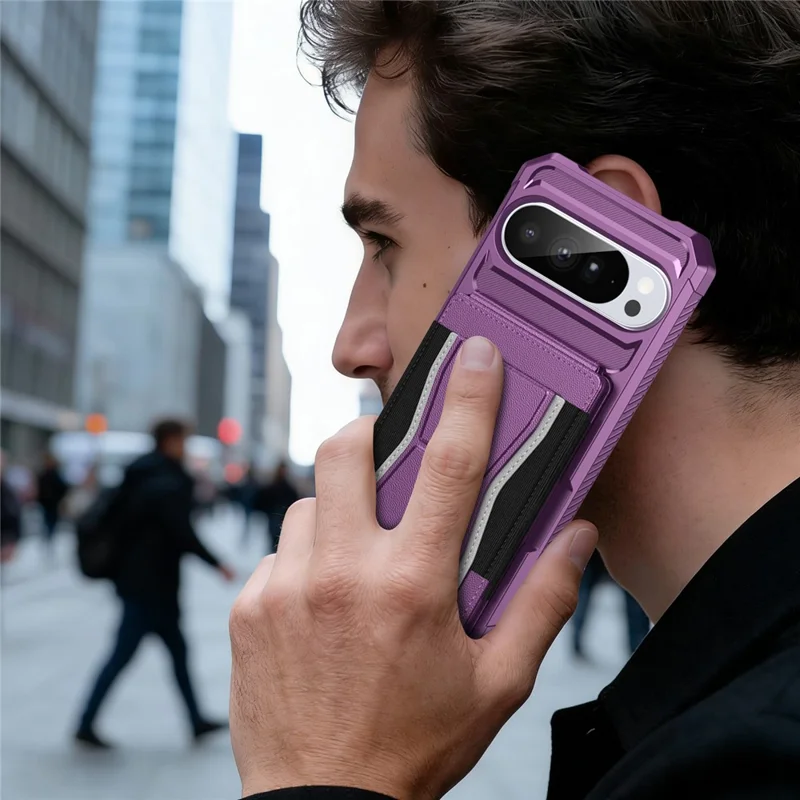 For Google Pixel 9 Pro XL Case Elastic Band Card Holder Leather + TPU Kickstand Phone Cover - Purple