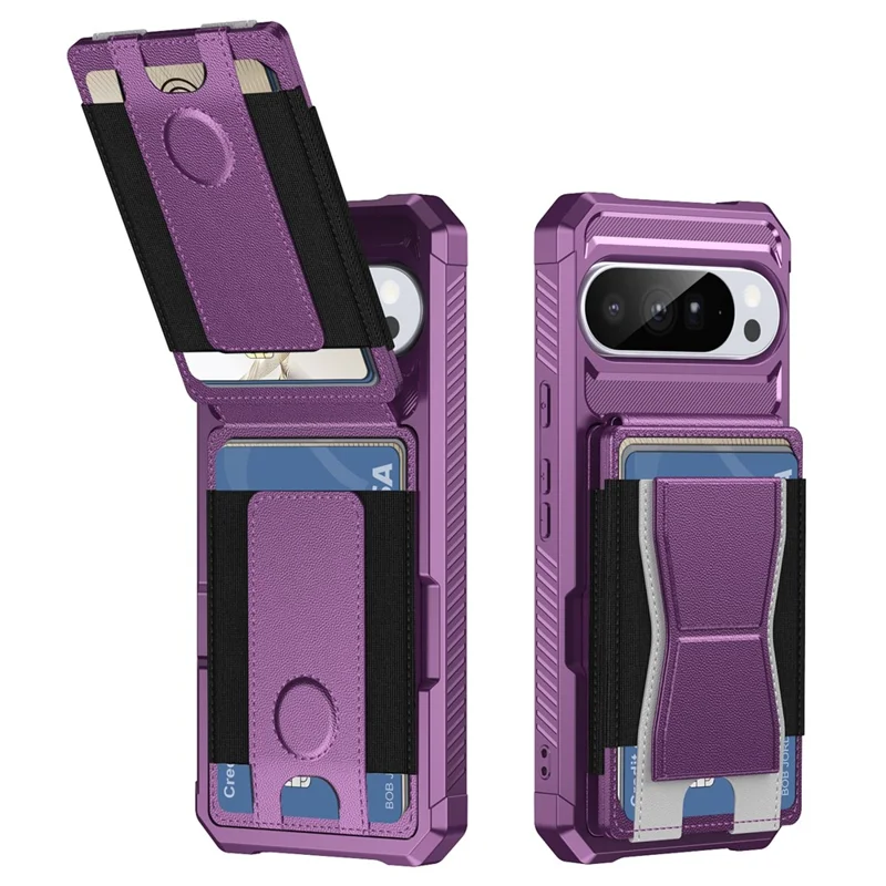 For Google Pixel 9  /  9 Pro Case Elastic Band Card Holder Leather + TPU Kickstand Phone Cover - Purple