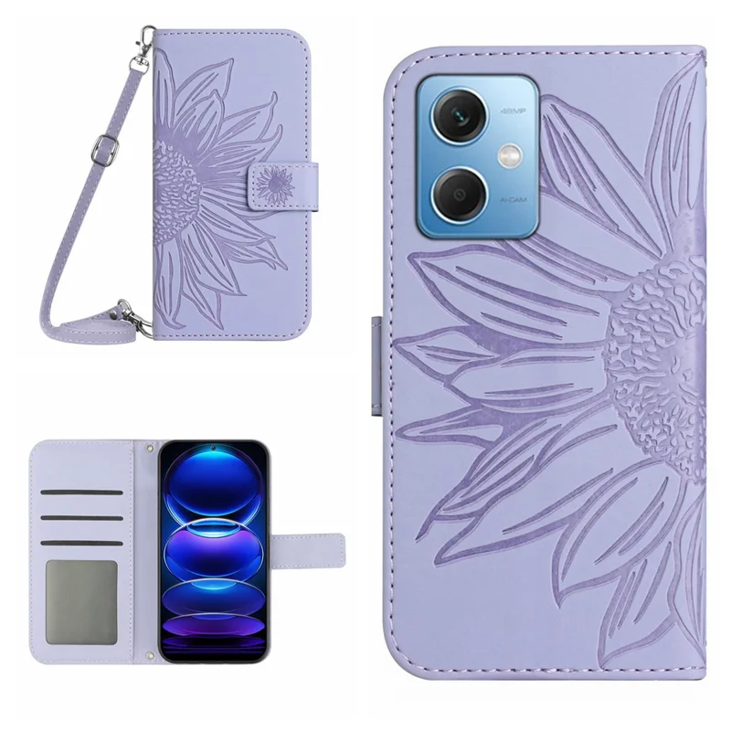 HT04 Coque Téléphone Imprimée Tournesol pour Xiaomi Redmi Note 12 5G (Global) / (Inde) / (Chine) / Poco X5 5G , Étui Portefeuille en Cuir PU avec Fonction Support, Housse Tactile Douce avec Sangle d'Épaule - Violet Clair