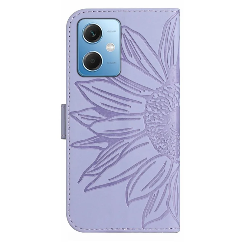 HT04 Coque Téléphone Imprimée Tournesol pour Xiaomi Redmi Note 12 5G (Global) / (Inde) / (Chine) / Poco X5 5G , Étui Portefeuille en Cuir PU avec Fonction Support, Housse Tactile Douce avec Sangle d'Épaule - Violet Clair