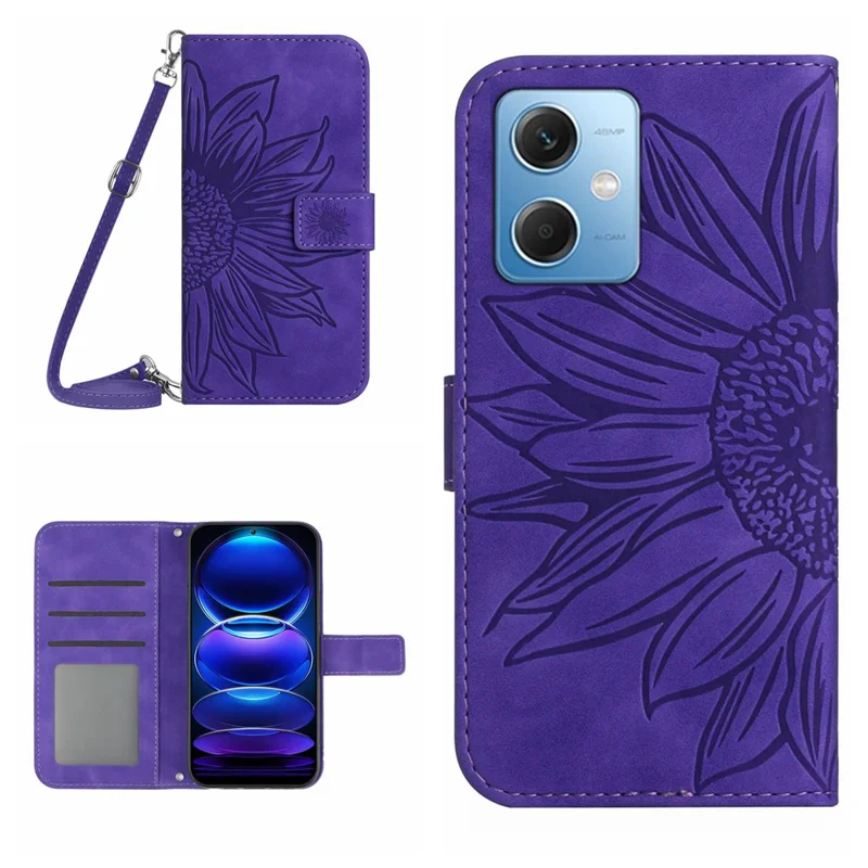 HT04 Sunflower Imprinted Phone Shell for Xiaomi Redmi Note 12 5G (Global) / (India) / (China) / Poco X5 5G , PU Leather Wallet Case Stand Function Skin-touch Phone Cover with Shoulder Strap - Dark Purple