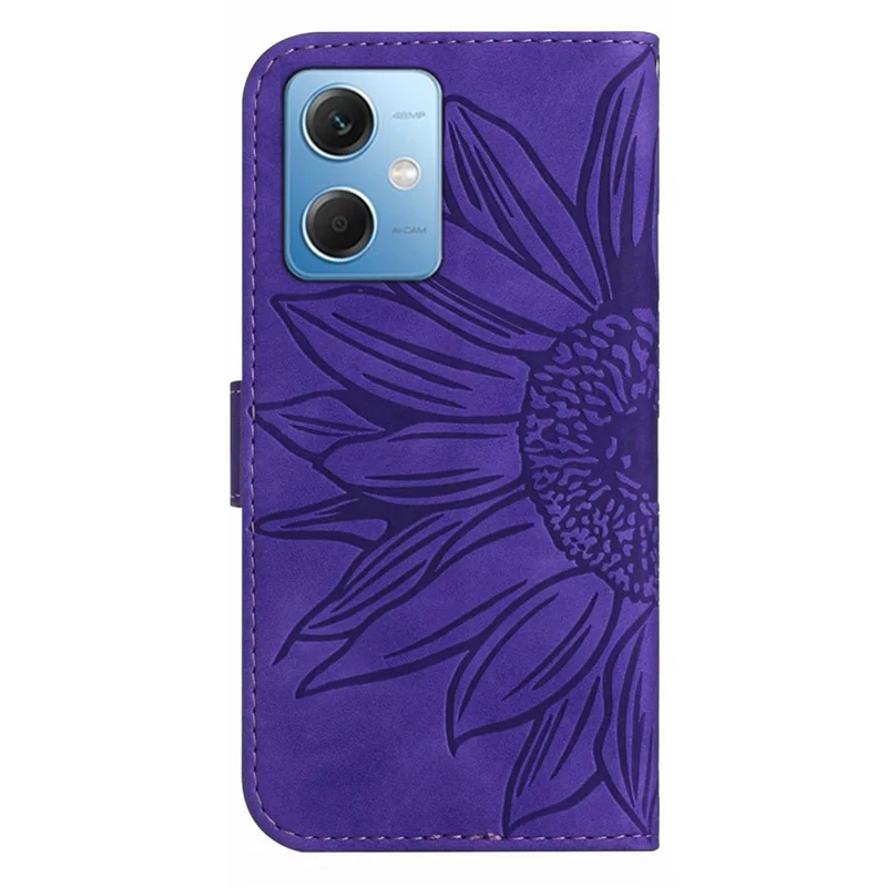 HT04 Sunflower Imprinted Phone Shell for Xiaomi Redmi Note 12 5G (Global) / (India) / (China) / Poco X5 5G , PU Leather Wallet Case Stand Function Skin-touch Phone Cover with Shoulder Strap - Dark Purple