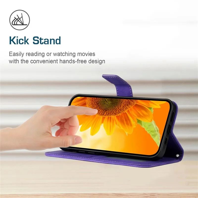 HT04 Sunflower Imprinted Phone Shell for Xiaomi Redmi Note 12 5G (Global) / (India) / (China) / Poco X5 5G , PU Leather Wallet Case Stand Function Skin-touch Phone Cover with Shoulder Strap - Dark Purple