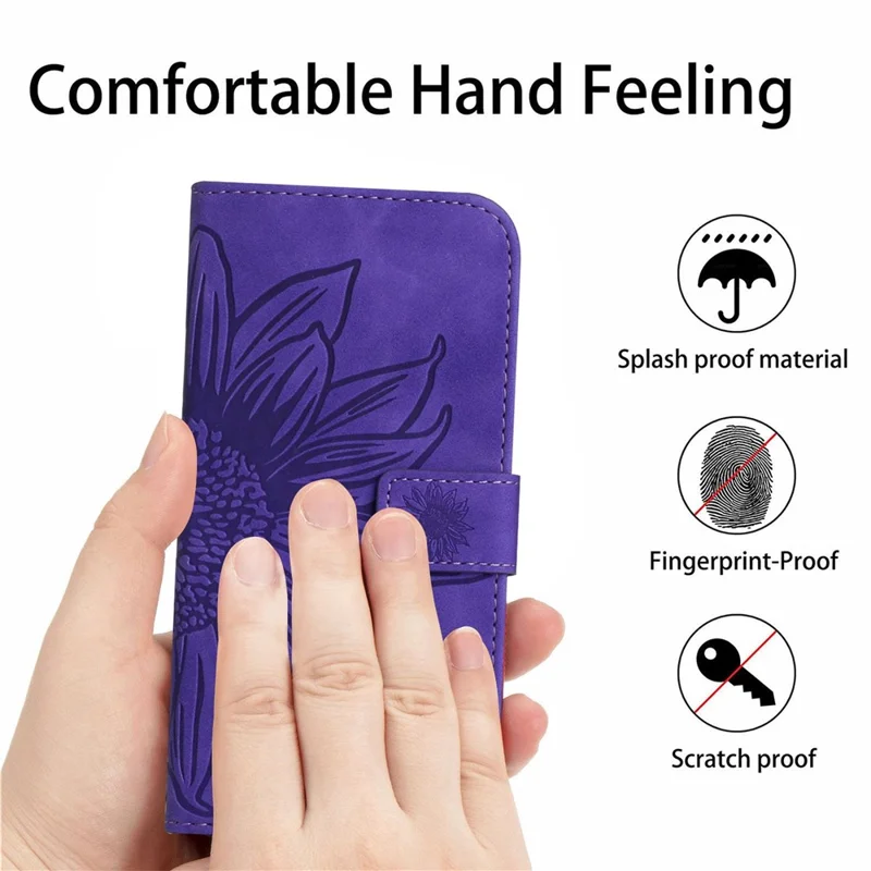 HT04 Sunflower Imprinted Phone Shell for Xiaomi Redmi Note 12 5G (Global) / (India) / (China) / Poco X5 5G , PU Leather Wallet Case Stand Function Skin-touch Phone Cover with Shoulder Strap - Dark Purple