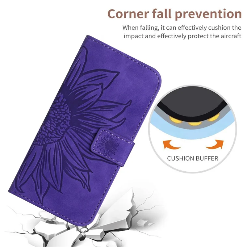 HT04 Sunflower Imprinted Phone Shell for Xiaomi Redmi Note 12 5G (Global) / (India) / (China) / Poco X5 5G , PU Leather Wallet Case Stand Function Skin-touch Phone Cover with Shoulder Strap - Dark Purple