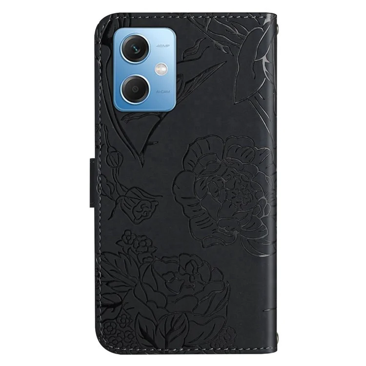 Case de Cuero HT03 PU Para Xiaomi Redmi Note 12 5G, Flores de Mariposa Impresas Touch de Soporte Magnético de Piel Con Correa - Negro