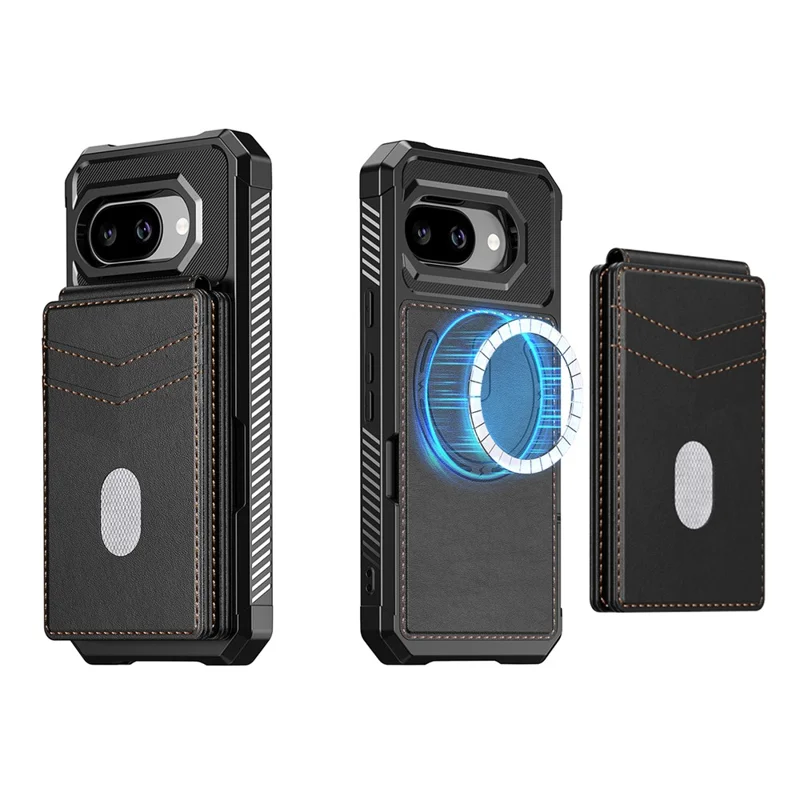 For Google Pixel 10a Magnetic Case Detachable Card Slot Kickstand Leather + TPU Phone Cover - Black