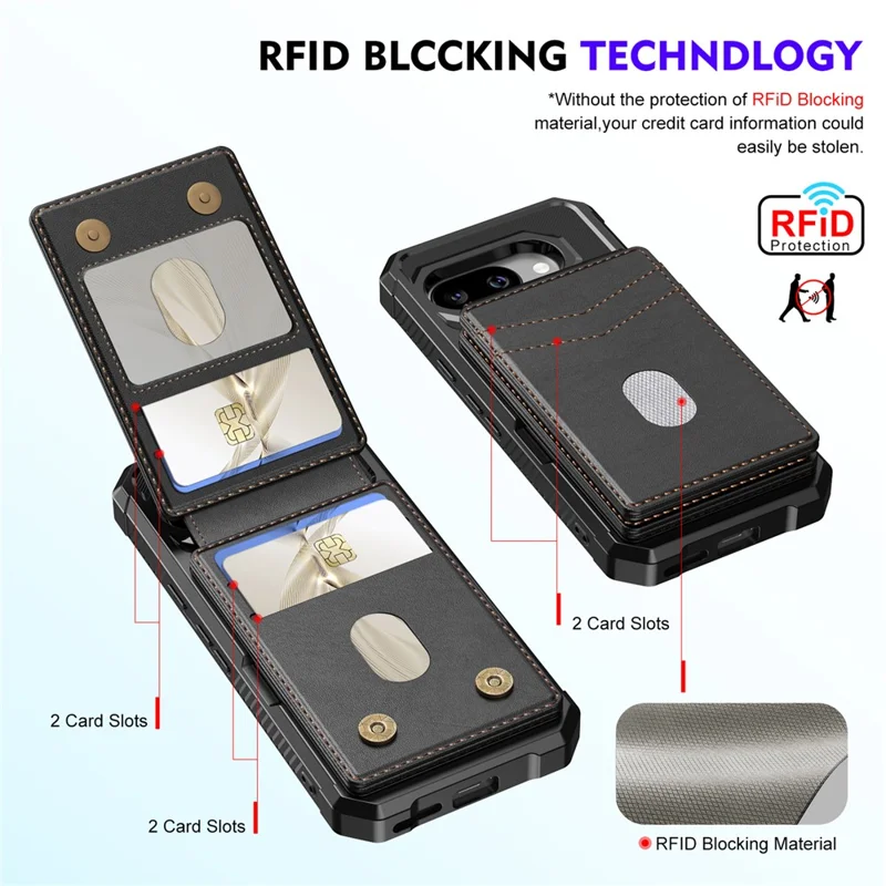 For Google Pixel 10a Magnetic Case Detachable Card Slot Kickstand Leather + TPU Phone Cover - Black