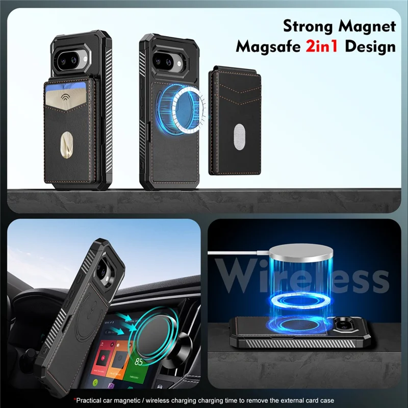 For Google Pixel 10a Magnetic Case Detachable Card Slot Kickstand Leather + TPU Phone Cover - Black