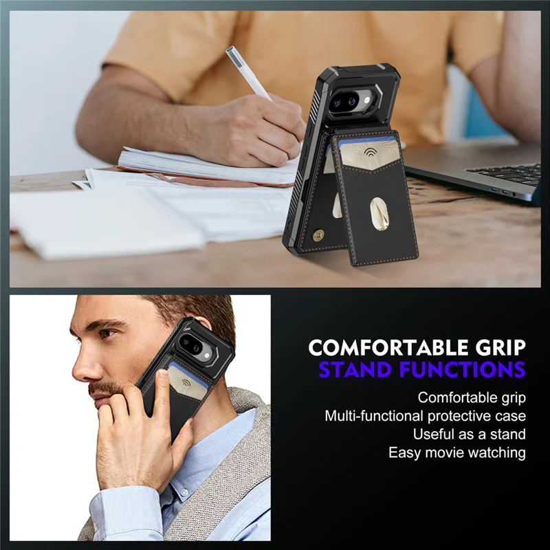 For Google Pixel 10a Magnetic Case Detachable Card Slot Kickstand Leather + TPU Phone Cover - Black