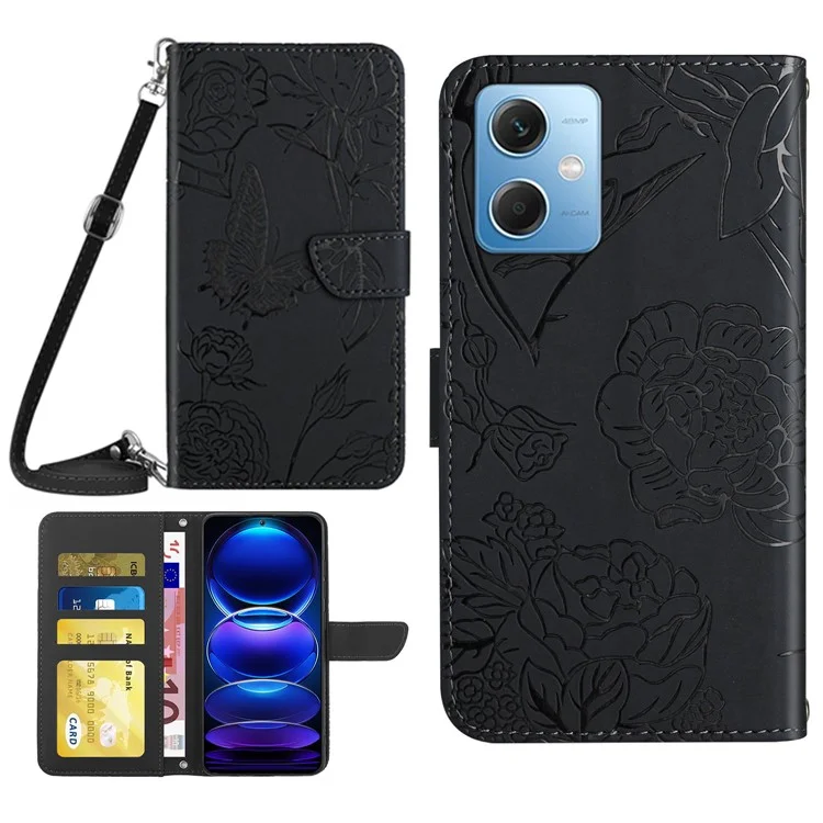 HT03 Für Xiaomi Redmi Note 12 5G (Global) / (Indien) / (China) / Poco X5 5G Schmetterlings-Blumen-Prägung Skin-Touch PU-Leder-Cover Wallet Function Phone Case mit Schultergurt - Schwarz