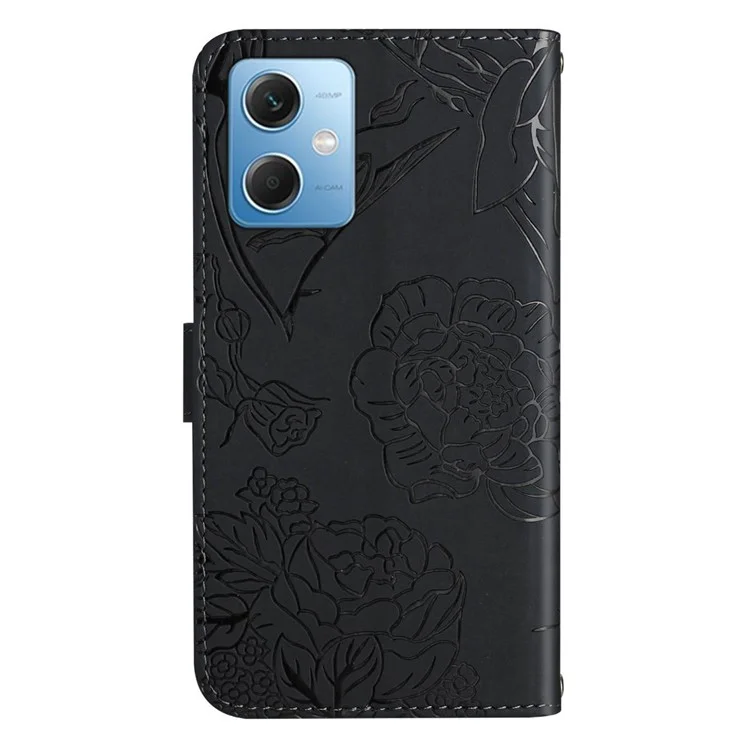 HT03 Für Xiaomi Redmi Note 12 5G (Global) / (Indien) / (China) / Poco X5 5G Schmetterlings-Blumen-Prägung Skin-Touch PU-Leder-Cover Wallet Function Phone Case mit Schultergurt - Schwarz
