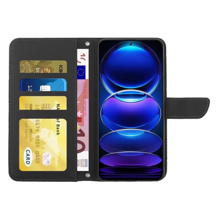 HT03 Für Xiaomi Redmi Note 12 5G (Global) / (Indien) / (China) / Poco X5 5G Schmetterlings-Blumen-Prägung Skin-Touch PU-Leder-Cover Wallet Function Phone Case mit Schultergurt - Schwarz