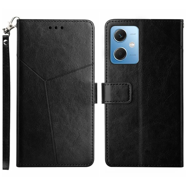 HT01 PU Leather Flip Phone Cover for Xiaomi Redmi Note 12 5G (Global) / (India) / (China) / Poco X5 5G, Imprinted Y-Shaped Lines Phone Case Wallet Foldable Stand Shell with Strap - Black