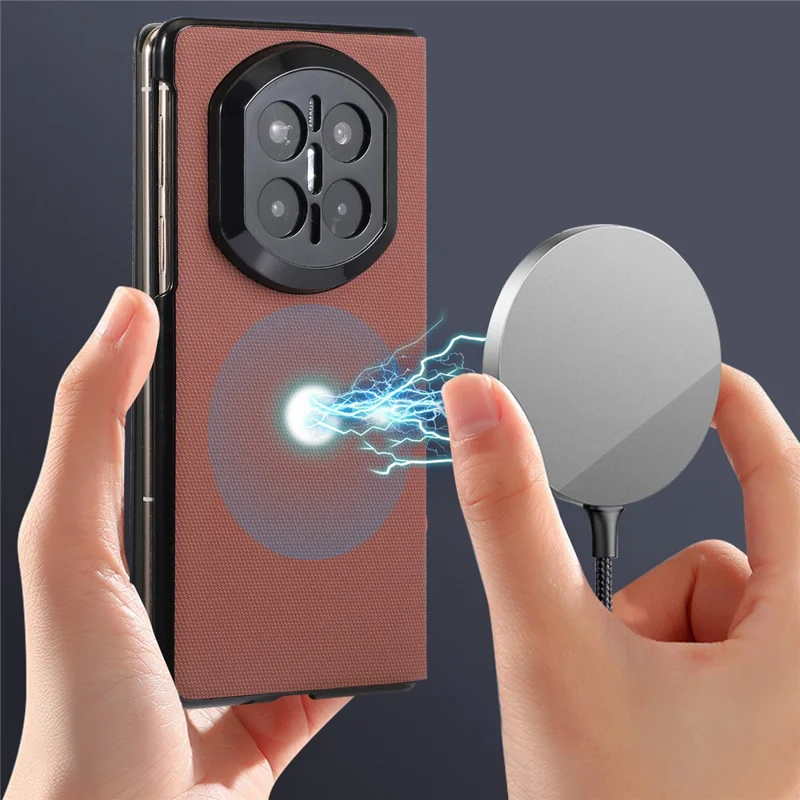 For Huawei Mate X7 Magnetic Phone Case PC + Technical Fabric Texture Wallet Flip Cover - Brown