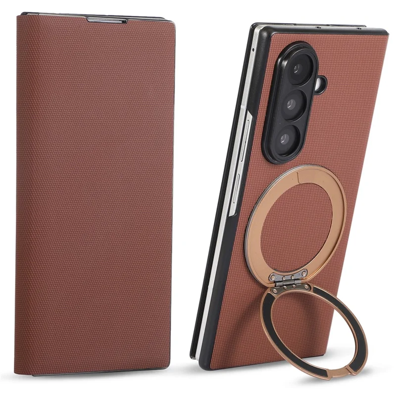For Samsung Galaxy Z Fold7 5G Magnetic Case with 360° Rotating Ring Kickstand PC + Technical Fabric Cover - Brown