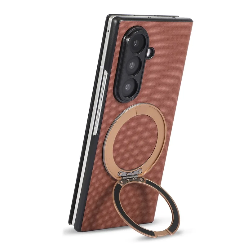 For Samsung Galaxy Z Fold7 5G Magnetic Case with 360° Rotating Ring Kickstand PC + Technical Fabric Cover - Brown