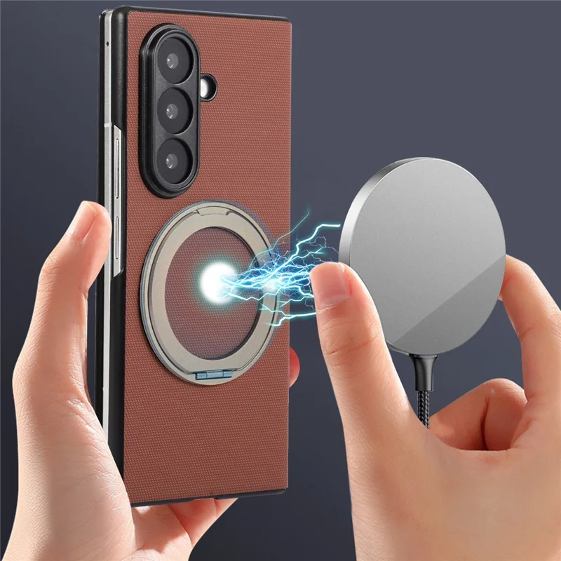 For Samsung Galaxy Z Fold7 5G Magnetic Case with 360° Rotating Ring Kickstand PC + Technical Fabric Cover - Brown