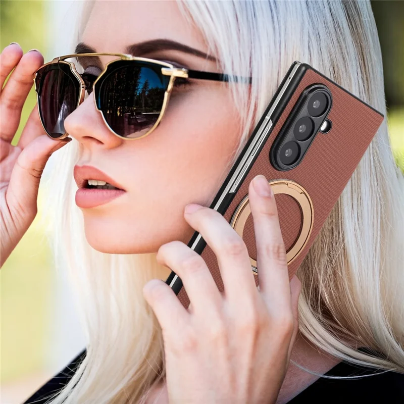 For Samsung Galaxy Z Fold7 5G Magnetic Case with 360° Rotating Ring Kickstand PC + Technical Fabric Cover - Brown