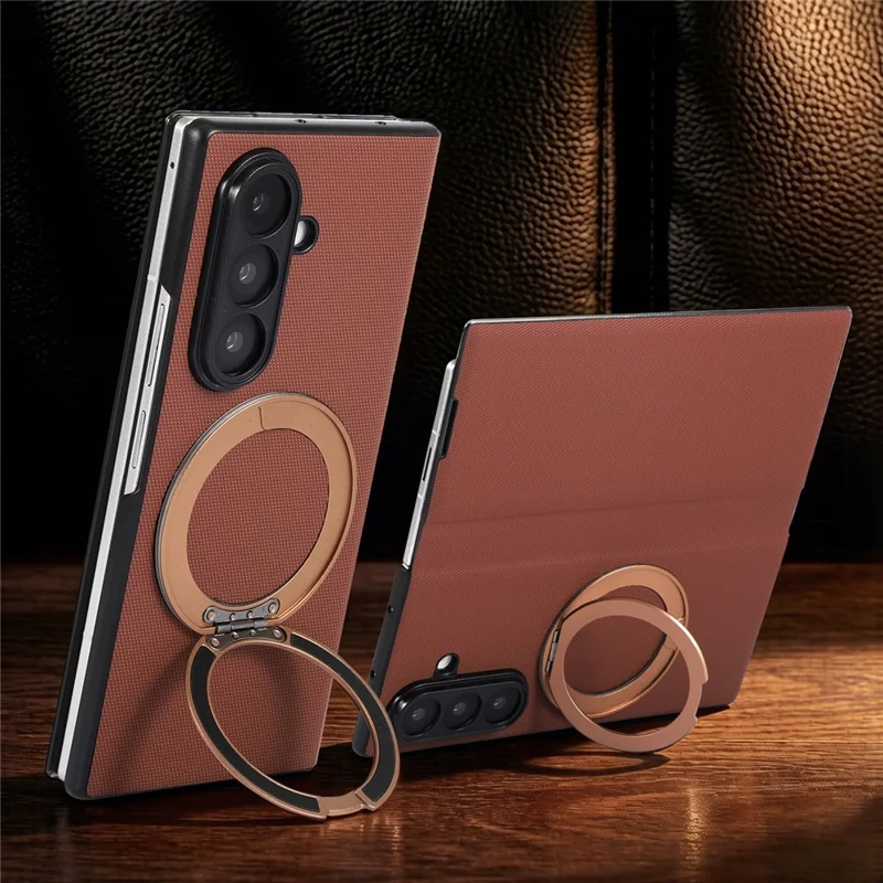 For Samsung Galaxy Z Fold7 5G Magnetic Case with 360° Rotating Ring Kickstand PC + Technical Fabric Cover - Brown