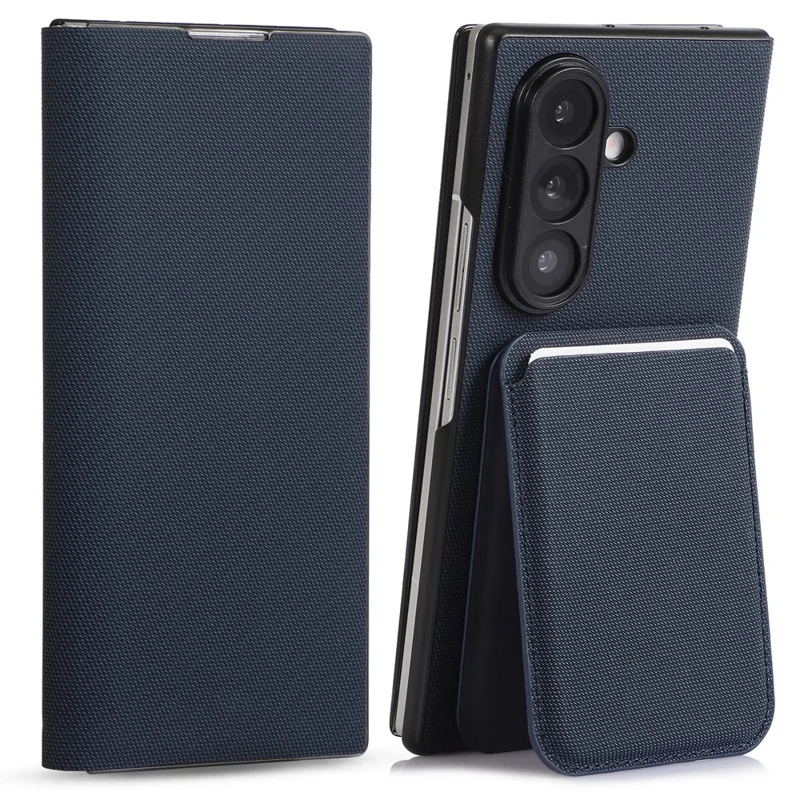 For Samsung Galaxy Z Fold7 5G Magnetic Case with Detachable Card Holder Kickstand PC Tech Fabric Flip Cover - Sapphire