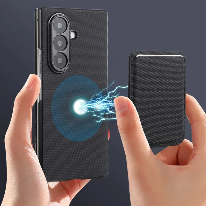 For Samsung Galaxy Z Fold7 5G Magnetic Case with Detachable Card Holder Kickstand PC Tech Fabric Flip Cover - Sapphire