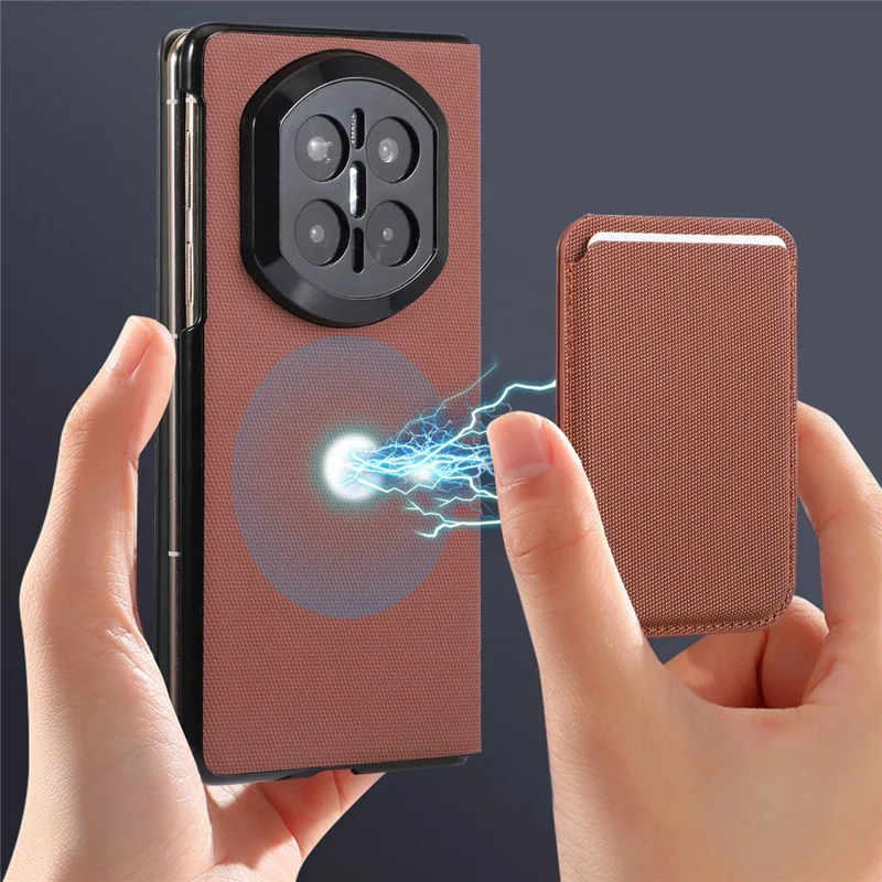 For Huawei Mate X7 Magnetic Case with Detachable Card Holder Kickstand PC Tech Fabric Flip Cover - Brown