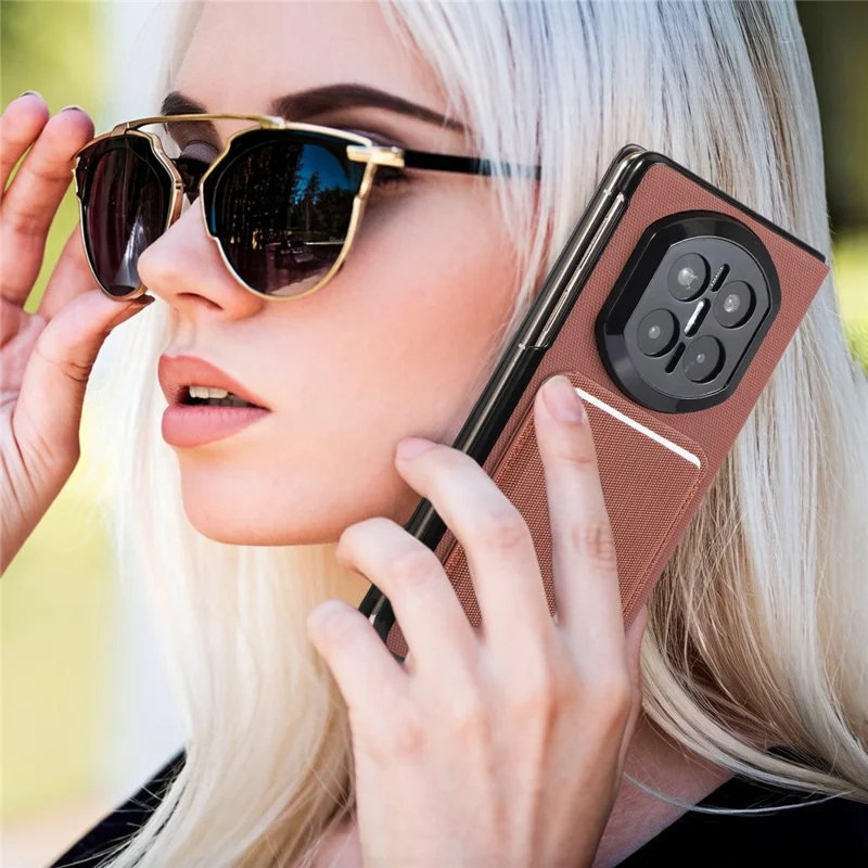 For Huawei Mate X7 Magnetic Case with Detachable Card Holder Kickstand PC Tech Fabric Flip Cover - Brown