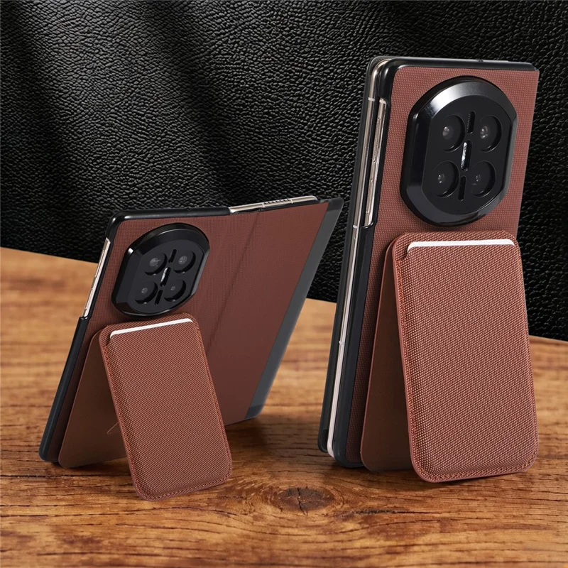 For Huawei Mate X7 Magnetic Case with Detachable Card Holder Kickstand PC Tech Fabric Flip Cover - Brown