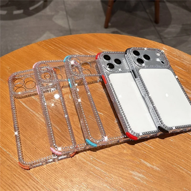 For iPhone 17 Pro Max Clear Phone Case with Crystal Rhinestone Decor Transparent PC TPU Shockproof Cover - Black