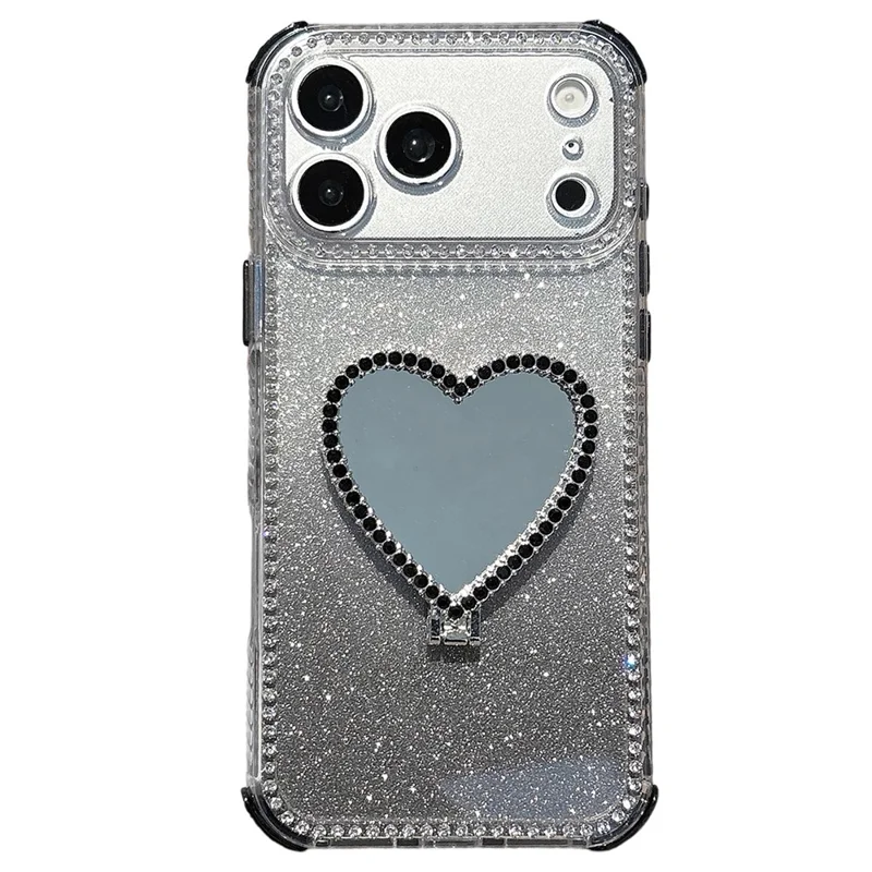 For iPhone 17 Pro Max Case with Heart Shape Kickstand 2 in 1 Rhinestone Glitter PC TPU Shockproof Cover - Black
