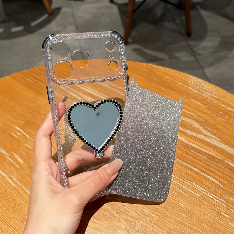 For iPhone 17 Pro Max Case with Heart Shape Kickstand 2 in 1 Rhinestone Glitter PC TPU Shockproof Cover - Black